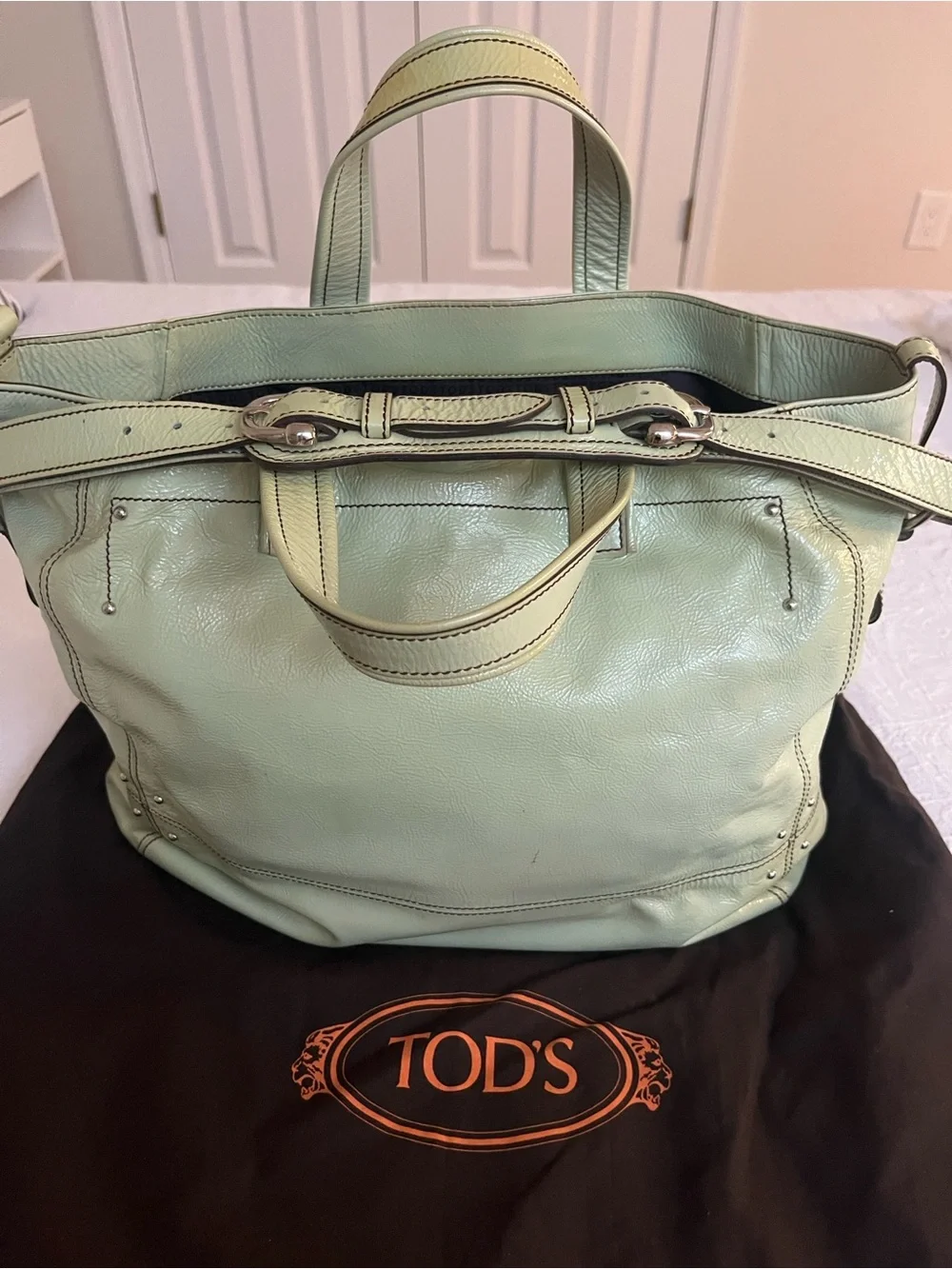 TOD'S Mint Green Leather Tote with Buckle-Front Pocket